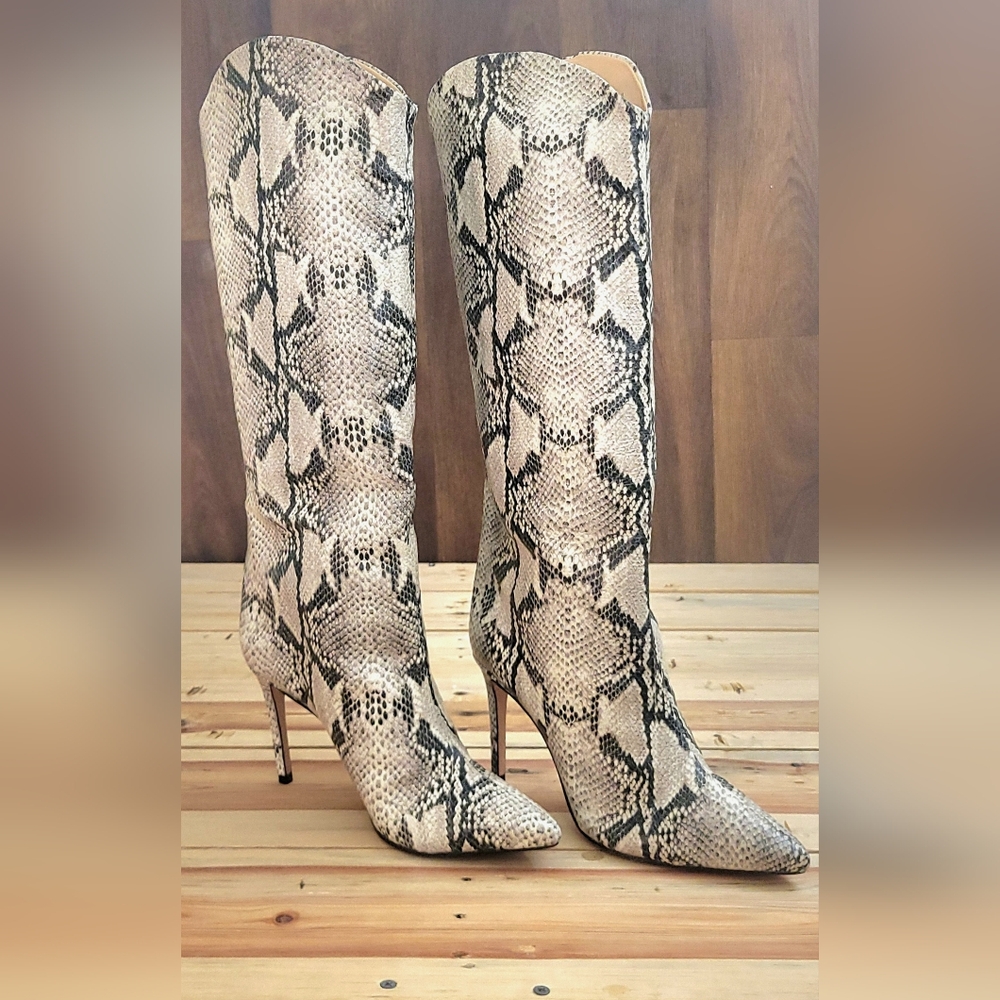 SCHUTZ Maryana Snakeskin Embossed Leather Pointed Heel Boots Size 8B